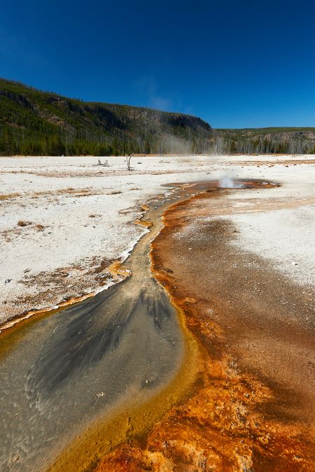 Dieses Naturfoto zeigt eindrucksvoll woher der Name "Black Sand Basin" im Yellowstone Nationalpark kommt.<br />Kamera: NIKON D3X <br />Brennweite: 24mm <br />1/80 s bei Blende f/16.0